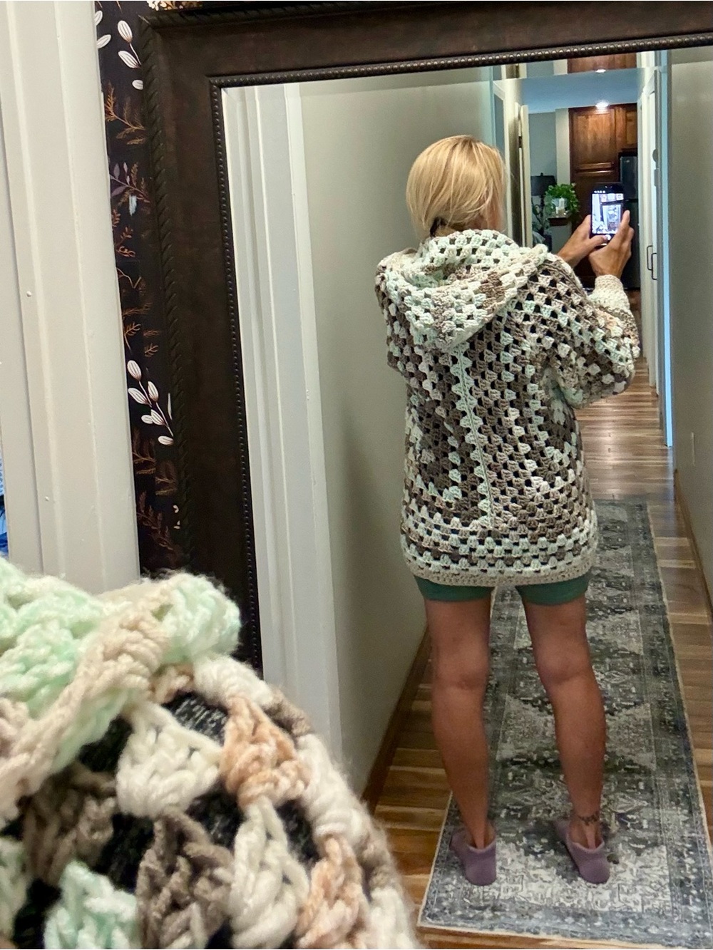 Chunky Crochet hexagon Hoodie Sweater - Cream & Brown Multi - Picture 6 of 6